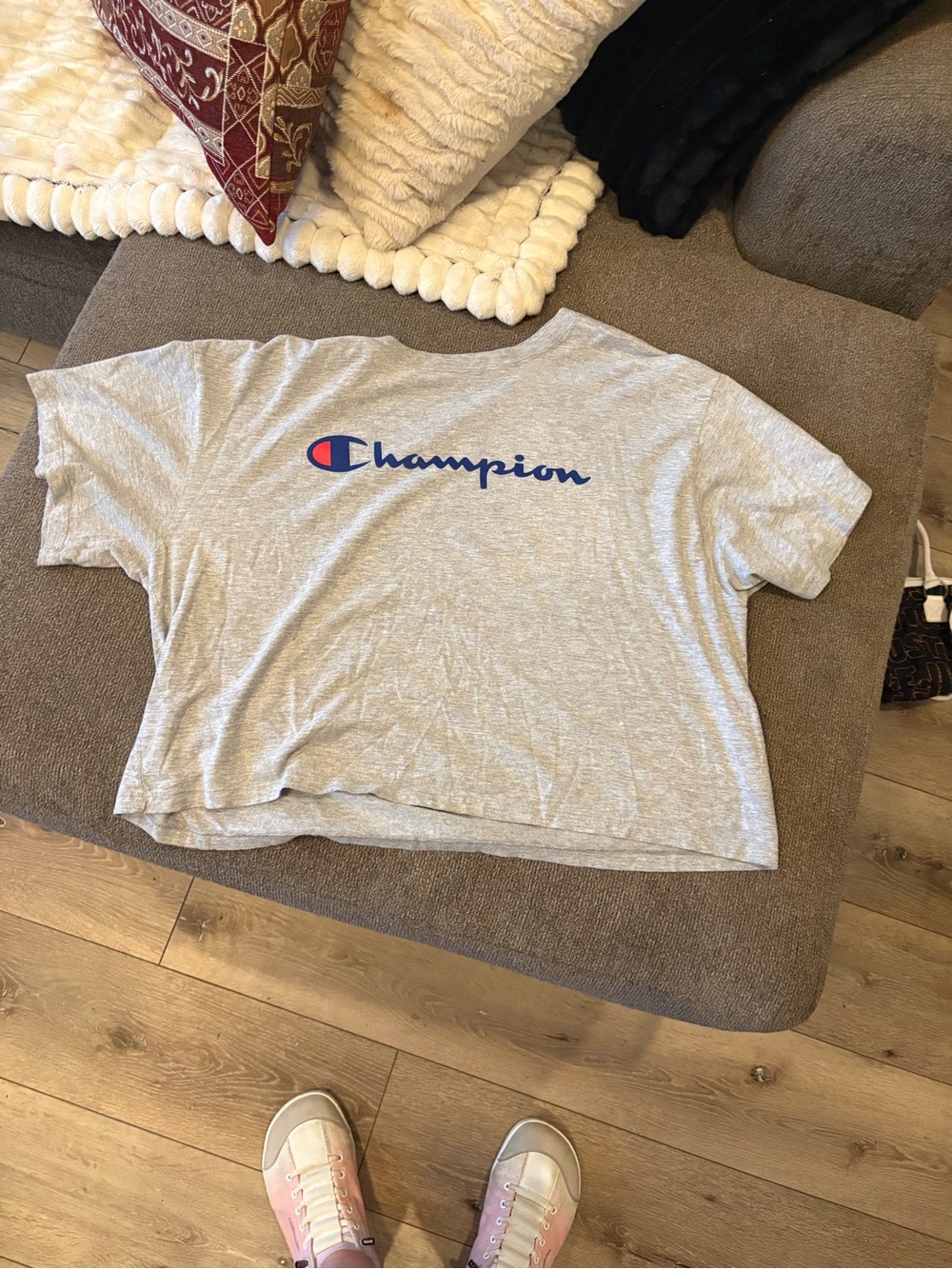 Champion Light Gray Tee with Blue and Red Logo